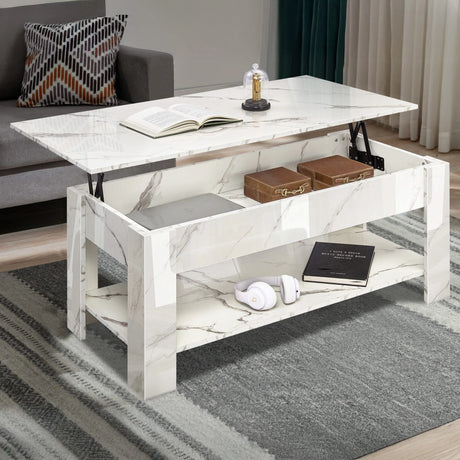 [White Marble] High Gloss Lift Top Coffee Table With Hidden Storage Shelf and lower shelf for modern living rooms