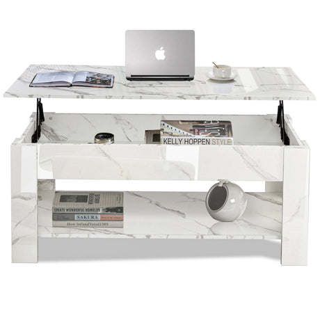 [White Marble] High gloss liftup coffee table front view with adjustable top and lower shelf for modern living room storage