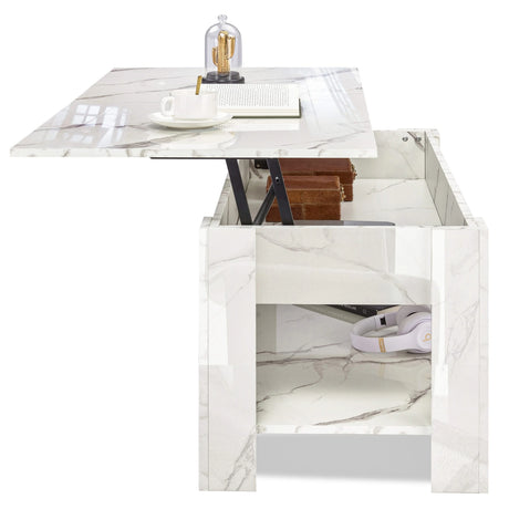 [White Marble] High gloss lift top coffee table with hidden storage shelf and adjustable liftup tabletop for interior storage