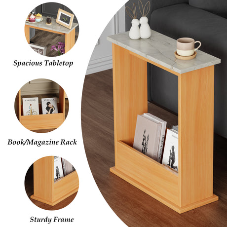 Pine base sofa side table with grey top and three insets showing frame strength, magazine holder, and usable flat surface.