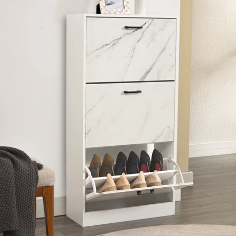 [White Marble] White marble-effect slim shoe cabinet with one drawer open in hallway. Stylish tall shoe storage for modern interiors.