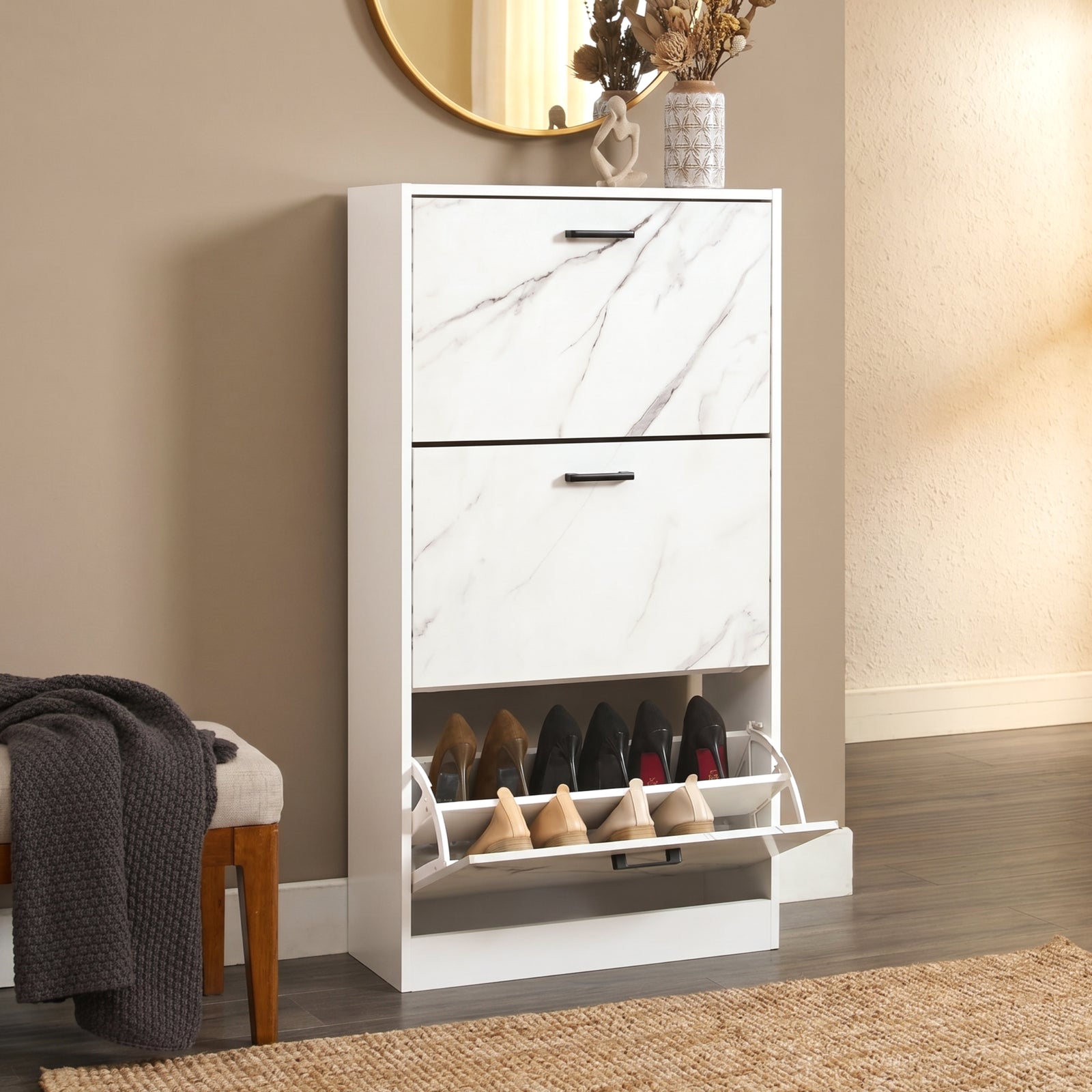 [White Marble] 3 Drawer Slim Shoe Cabinet For Hallway with the bottom drawer tilted open from a side angle.