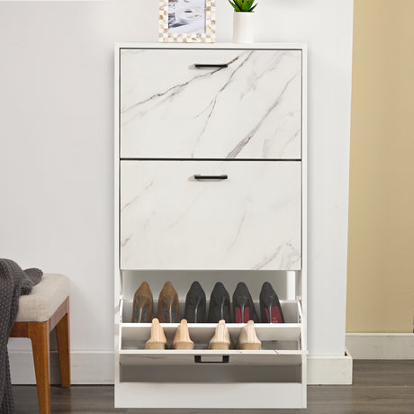 Slimline shoe cabinet pictured from the front, bottom drawer open to show 6 pairs of shoes.