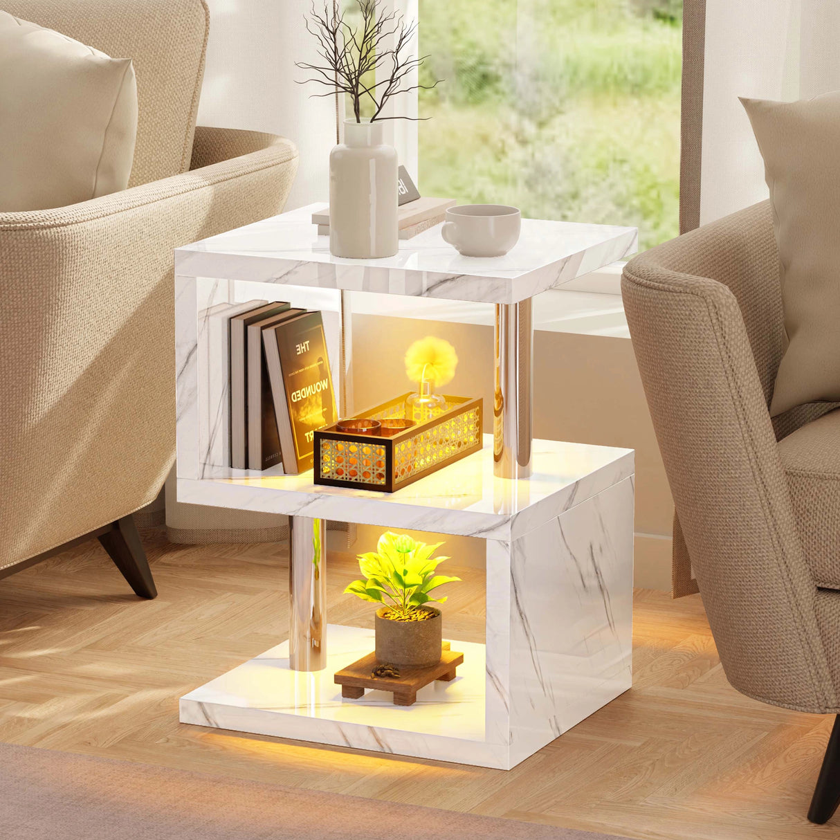 White marble high gloss side table with yellow LED lights and 3-tier storage, adding luxury to any room.