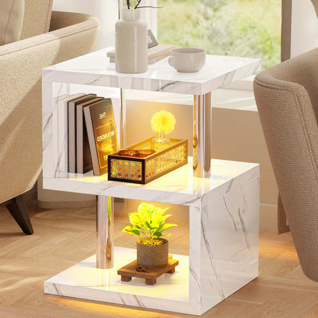 White marble high gloss side table with yellow LED lights and 3-tier storage, adding luxury to any room.