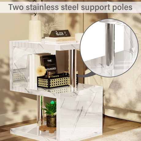 Stainless steel support poles on marble high gloss LED side table, enhancing durability and modern style.