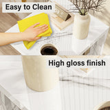 Easy-to-clean marble high gloss LED side table surface, shown with cloth and coffee cup for everyday use.
