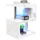 White marble LED end table with blue lighting and 3-tier storage, ideal for stylish and compact living spaces.