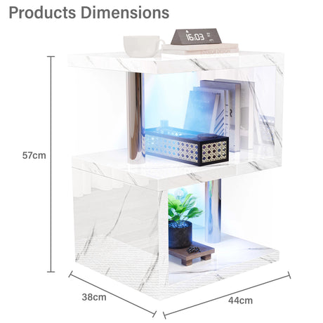 Dimensions of marble high gloss LED side table: 57cm tall, 44cm wide, and 38cm deep, perfect for small rooms.
