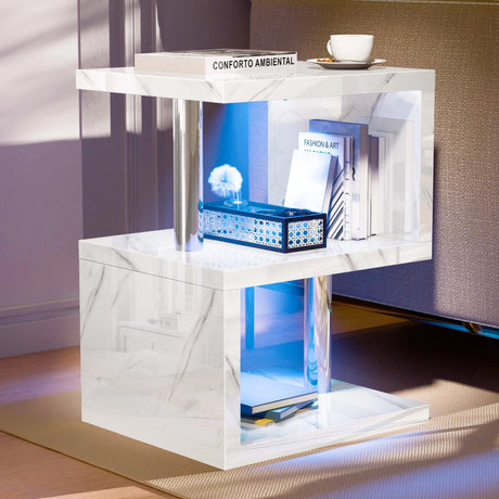 White marble effect high gloss LED side table with blue lighting and 3-tier storage, perfect for elegant interiors.