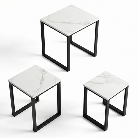 [White Marble] Stackora set of 3 nest tables shown separately on white background displaying each table individually from above