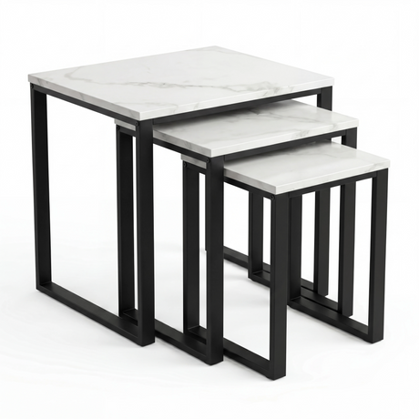 [White Marble] Stackora set of 3 nest tables with industrial black metal frame shown nested together front-facing on white background