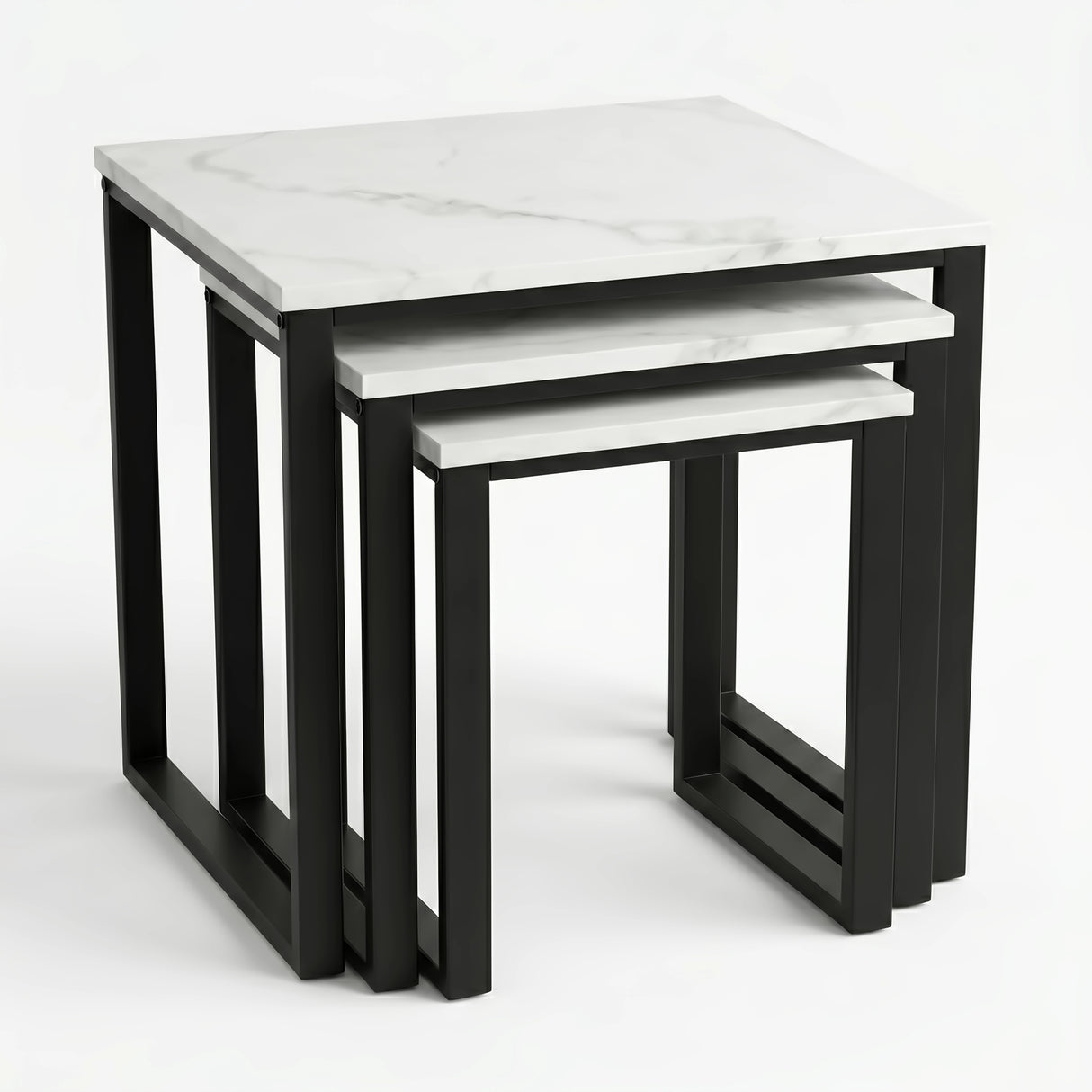 [White Marble] Stackora set of 3 nest tables stacked together compactly showing space-saving nesting design on white background