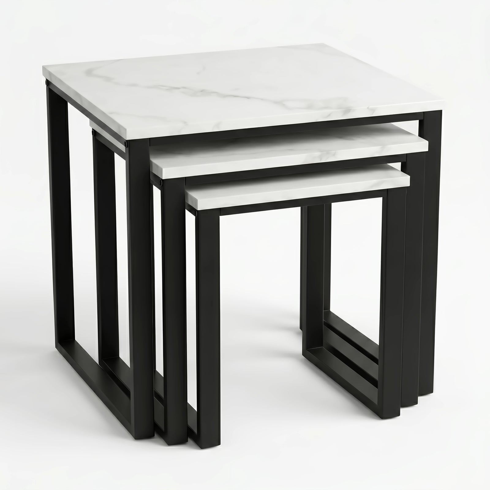 [White Marble] Stackora set of 3 nest tables stacked together compactly showing space-saving nesting design on white background