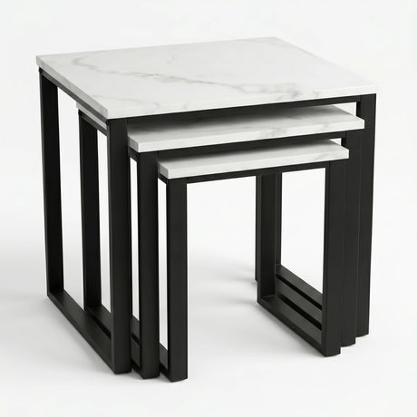 [White Marble] Stackora set of 3 nest tables stacked together compactly showing space-saving nesting design on white background