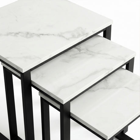 [White Marble] Stackora set of 3 nest tables overhead close-up showing white marble effect surface pattern and veining texture