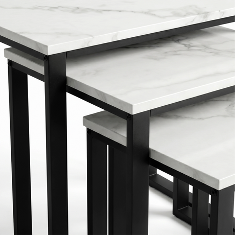 [White Marble] Stackora nest of 3 tables close-up showing marble effect tabletop thickness and black metal frame corner joints