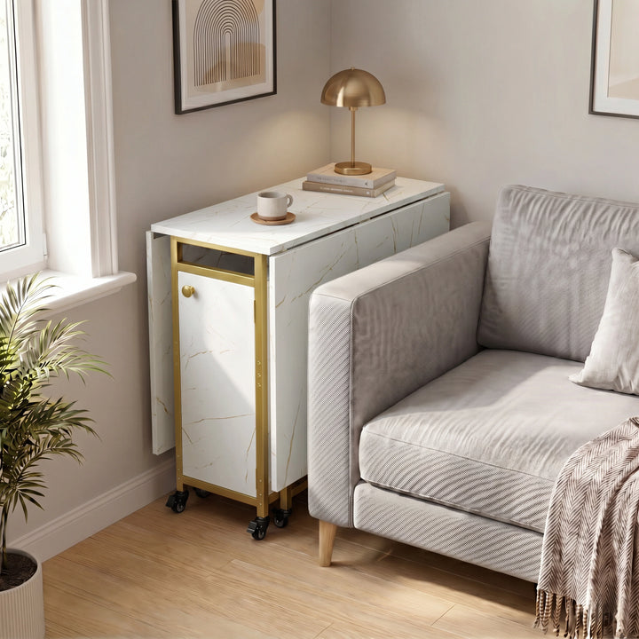 [White Marble Effect] Kitchen & Dining Furniture Sets folded side table beside a sofa with lamp, cup, blanket, and window light.