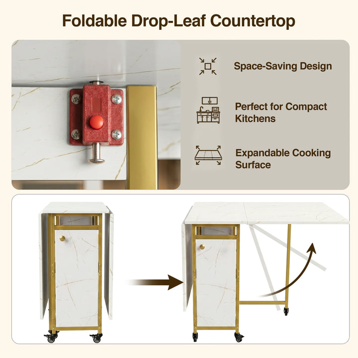[White Marble Effect] Kitchen & Dining Furniture Sets drop-leaf countertop lock switch, folding panels, gold frame, and compact view.