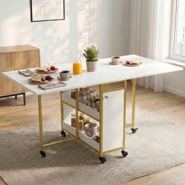 [White Marble Effect] Kitchen & Dining Furniture Sets open dining table with place settings, fruit bowl, juice, and centre storage.