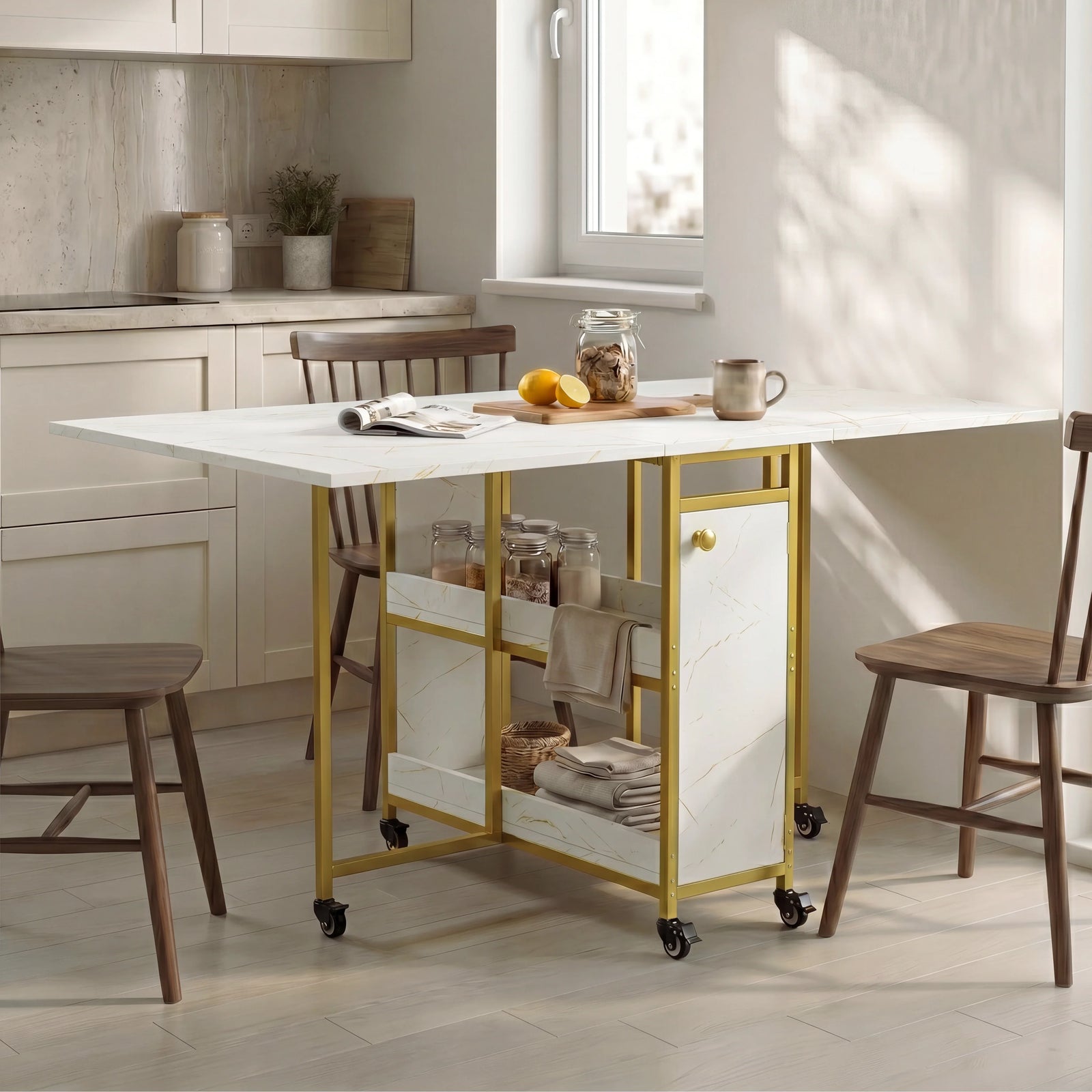 [White Marble Effect] Kitchen & Dining Furniture Sets open kitchen dining table with stools, tabletop jar, cup, and storage shelves.