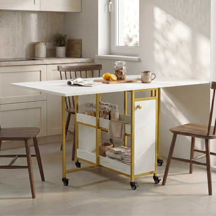 [White Marble Effect] Kitchen & Dining Furniture Sets open kitchen dining table with stools, tabletop jar, cup, and storage shelves.