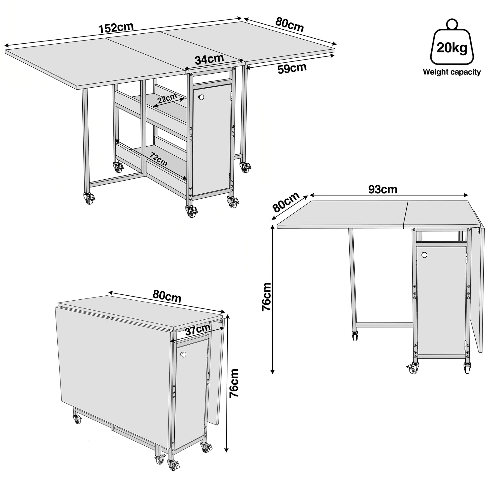 [White Marble Effect] Kitchen & Dining Furniture Sets dimension diagram showing 152cm width, 80cm depth, 76cm height, and 20kg weight capacity.