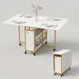 [White Marble Effect] Kitchen & Dining Furniture Sets open and closed table views with place settings, storage base, and wheels.