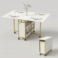 White Marble Folding Dining Table with Wheels and Storage
