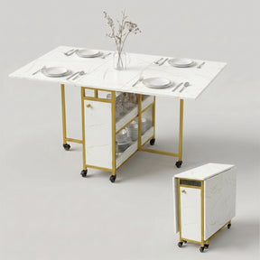 [White Marble Effect] Kitchen & Dining Furniture Sets open and closed table views with place settings, storage base, and wheels.