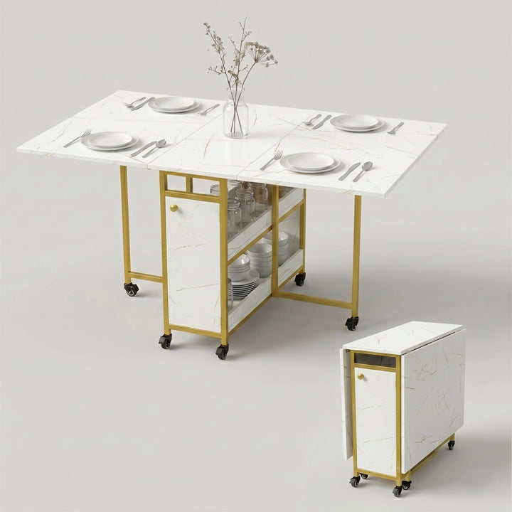 [White Marble Effect] Kitchen & Dining Furniture Sets open and closed table views with place settings, storage base, and wheels.