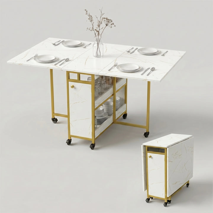 [White Marble Effect] Kitchen & Dining Furniture Sets open and closed table views with place settings, storage base, and wheels.