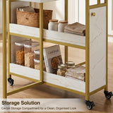 [White Marble Effect] Kitchen & Dining Furniture Sets centre storage shelves with basket, jars, cookbook, linens, and wheels.
