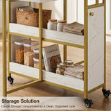 [White Marble Effect] Kitchen & Dining Furniture Sets centre storage shelves with basket, jars, cookbook, linens, and wheels.