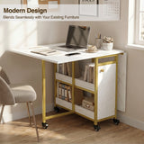 [White Marble Effect] Kitchen & Dining Furniture Sets table used as a home office desk with laptop, chair, shelves, and side door.