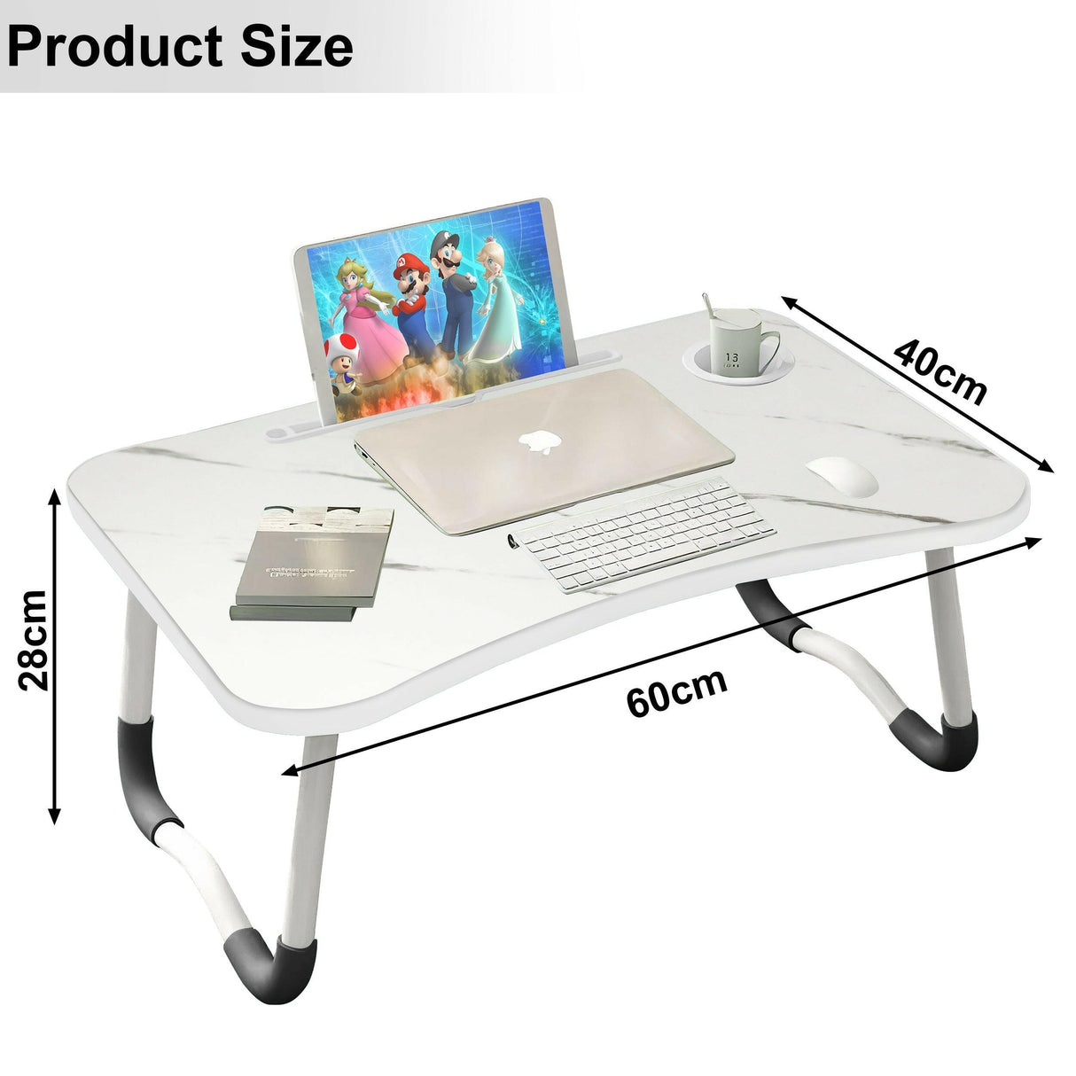 Compact white marble table with dimensions, ideal for laptops and home office setup.