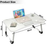 Compact white marble table with dimensions, ideal for laptops and home office setup.