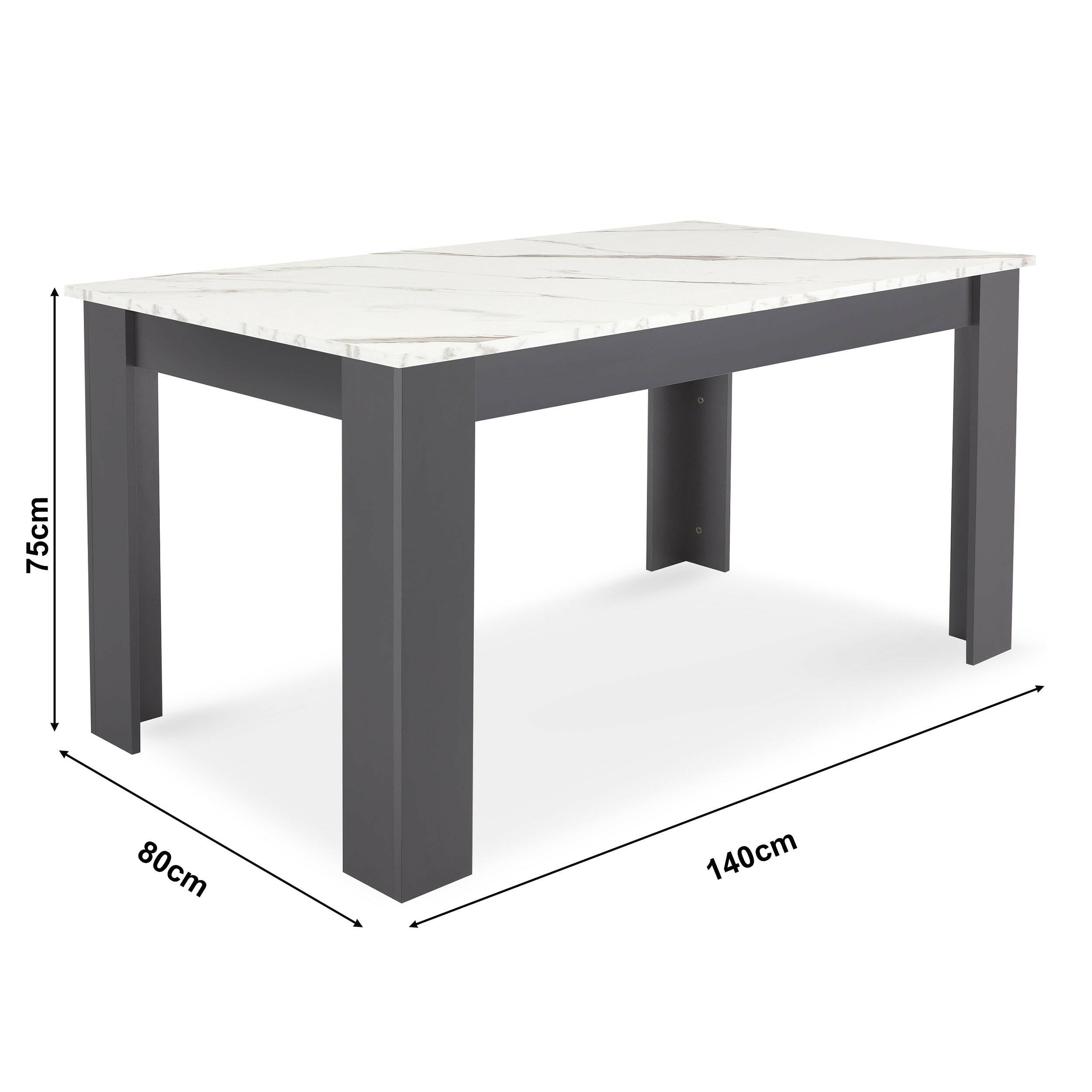 White marble top dining table with product dimensions, ideal for sophisticated dining spaces.