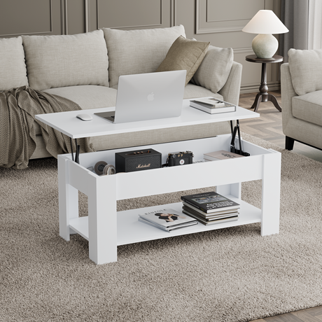 White modern coffee table with lift-top storage in a stylish living room setup.