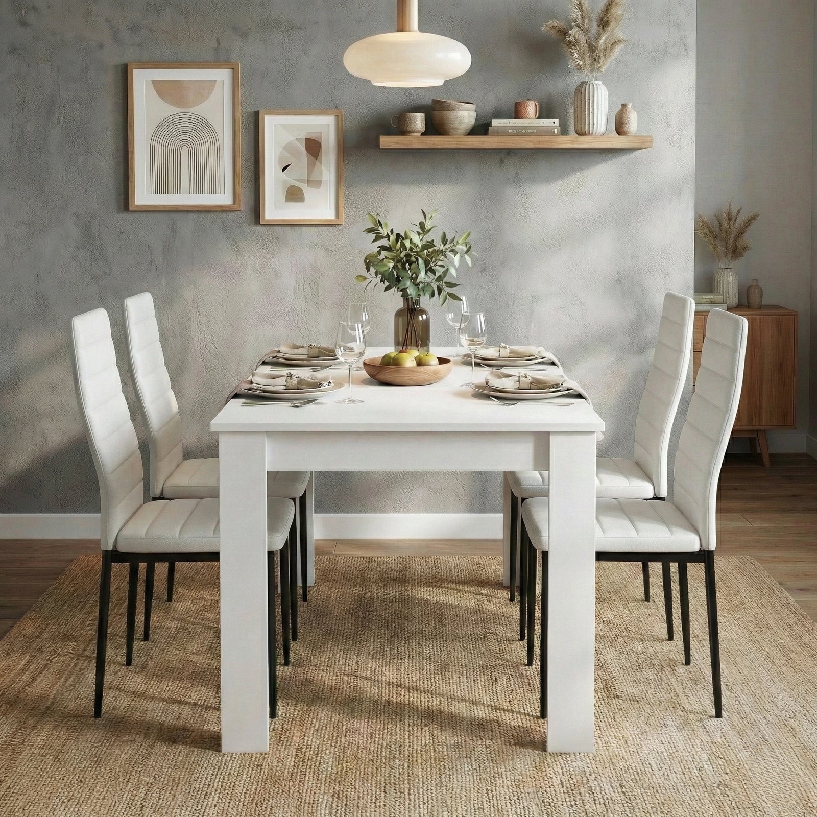 [4 Seater | White] White 4-6 Seater Dining Table and Chairs Set front perspective of a modern kitchen layout with table decorations, grey plaster wall texture, and framed