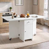 [White] Modern folding dining table fully open in a kitchen dinner and styled with a coffee carafe, juice and a newspaper.