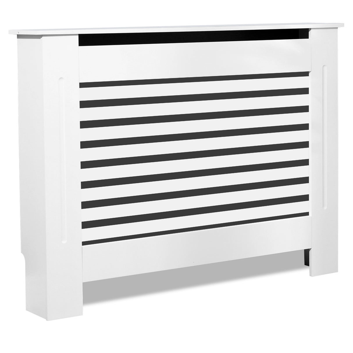 White modern radiator covers slatted design for heating pipes.