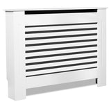 White modern radiator covers slatted design for heating pipes.