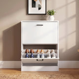 [White] Designed for tight entrances this slim shoe cabinet for the hallway features a pull-down drawer open with 6 pair of shoes inside.