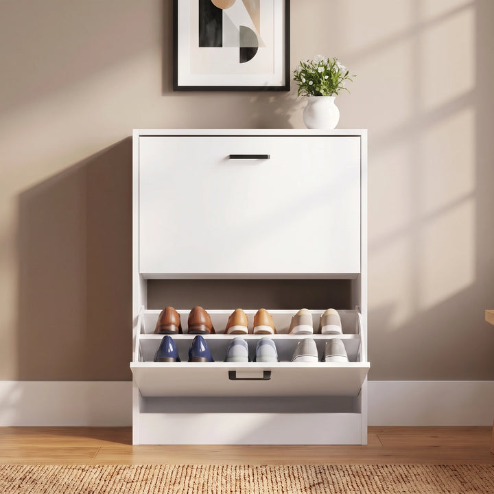 [White] Designed for tight entrances this slim shoe cabinet for the hallway features a pull-down drawer open with 6 pair of shoes inside.