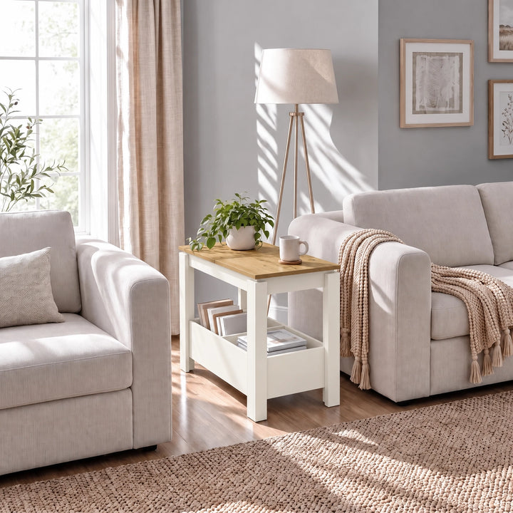 [White] Sunlit seating area with a side table between a sofa and armchair, a leafy plant on top and books below.