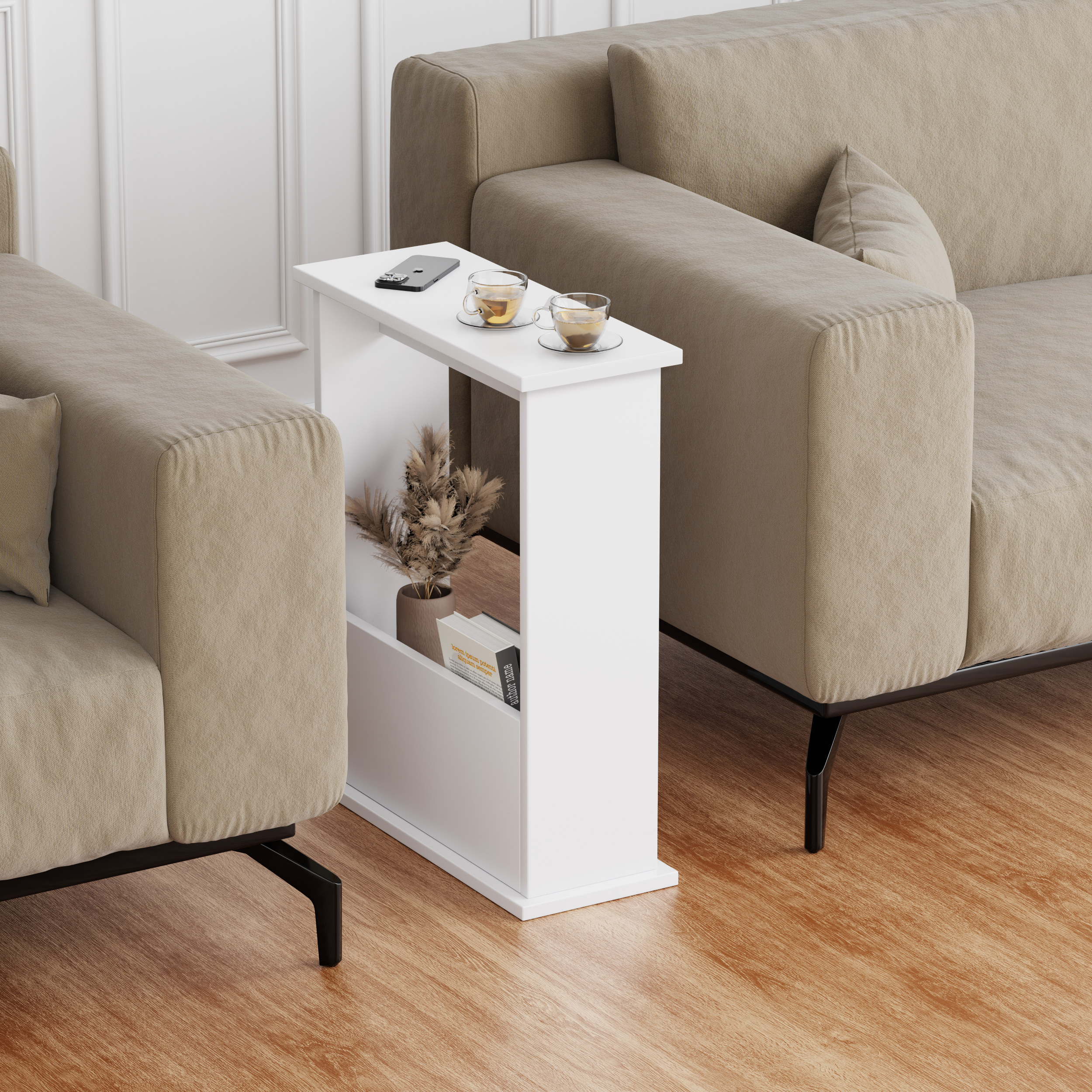 White narrow side table – sleek and space-saving, perfect for modern living rooms or bedrooms.