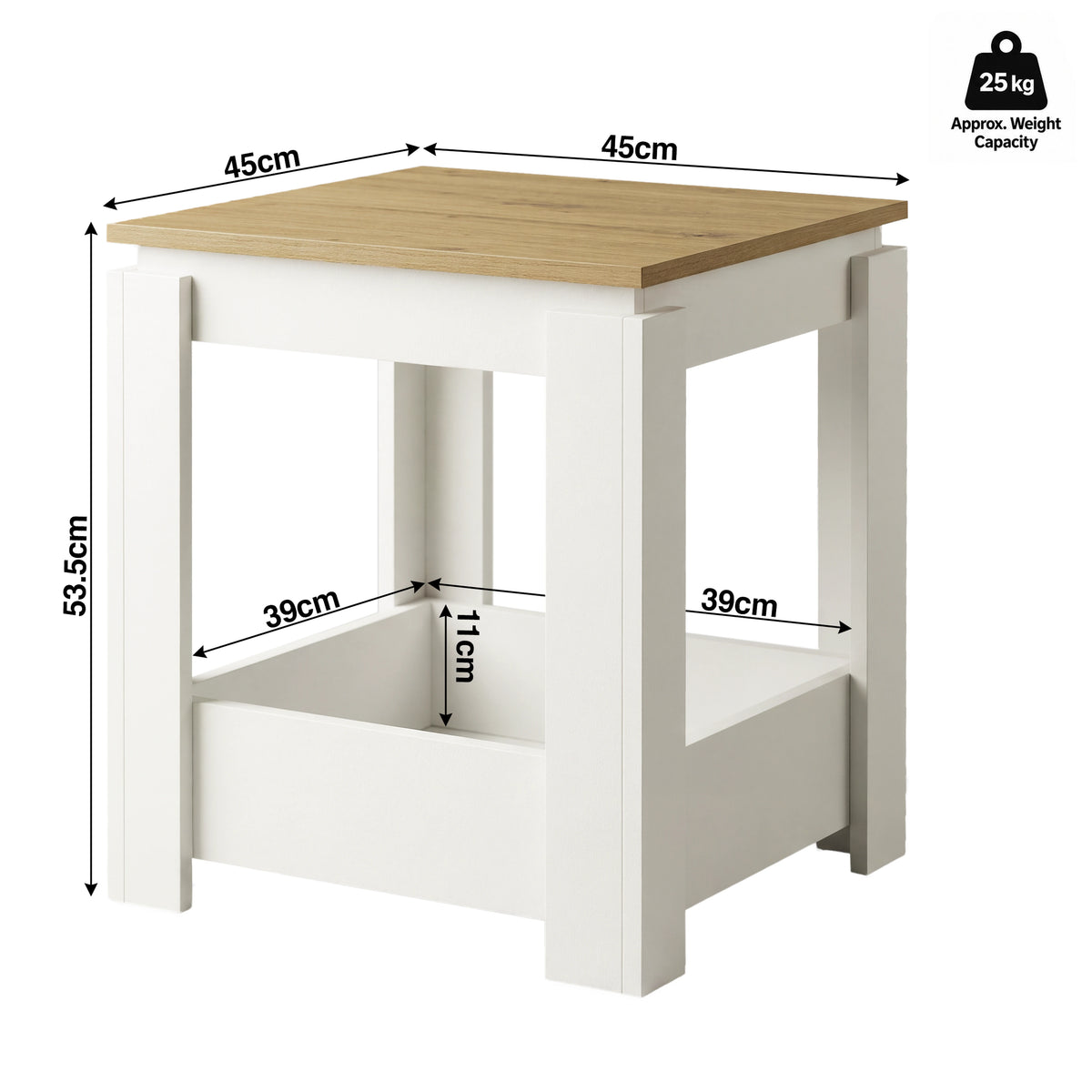 [White] Size guide showing a 45 x 45 cm top, 53.5 cm height, 39 x 39 cm lower shelf, 11 cm front panel and 25 kg approximate capacity