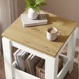 [White] High-angle view of the square side table top and open lower storage with books and a wicker basket