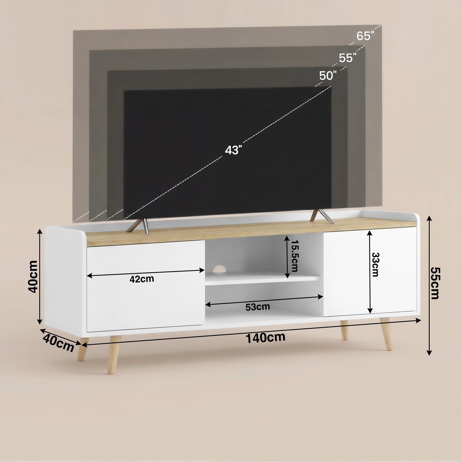 [White] Dimension diagram of white Larvik TV unit, 140x40x55cm cabinet with 15.5cm centre opening and 33cm cabinets